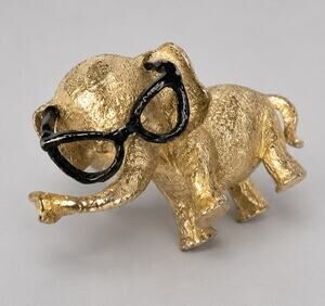 Vintage Elephant Pin Brooch Eye glasses 1” Black Enamel Textured Gold-tone ab1-3